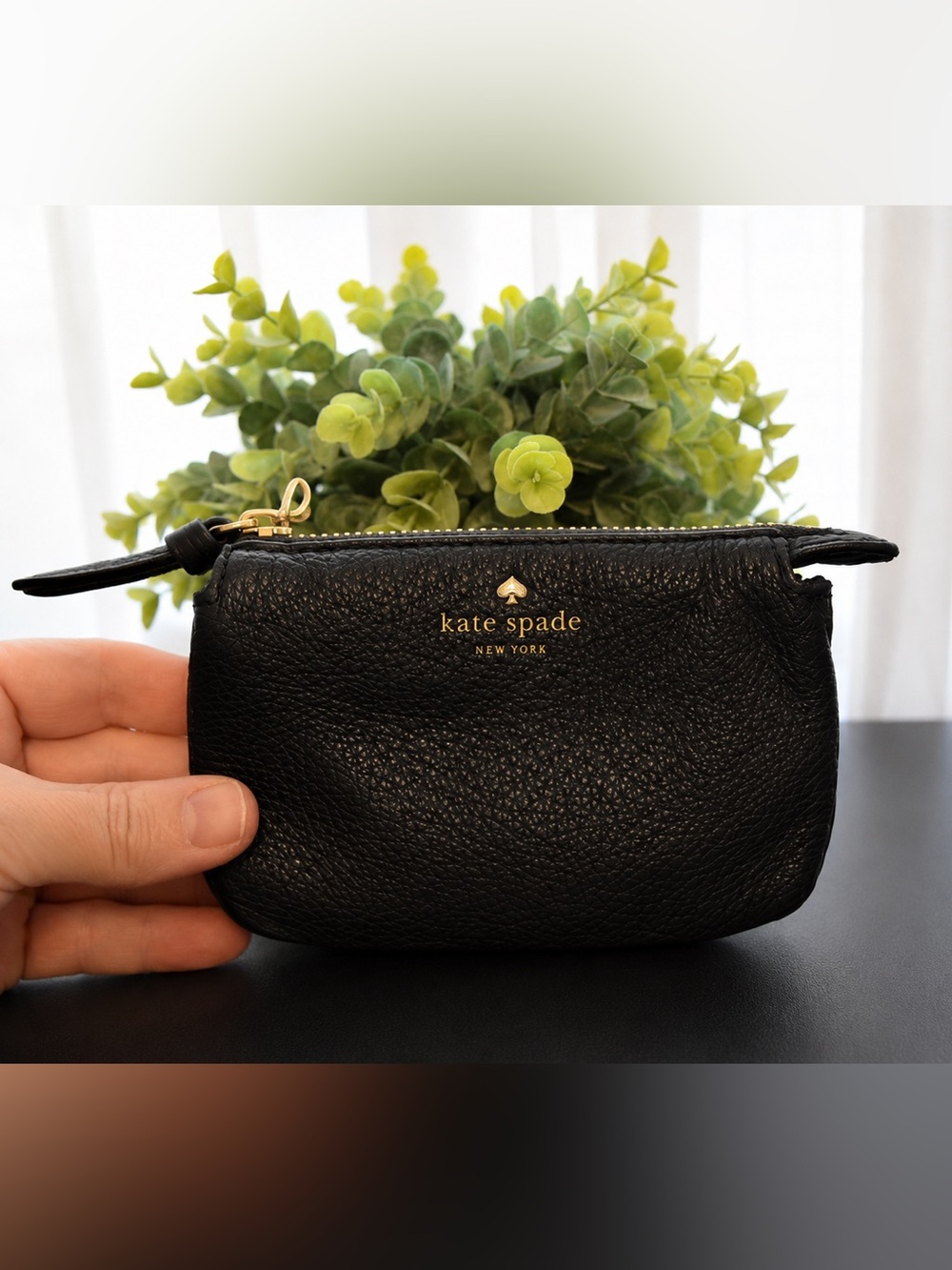 Kate Spade New York Black Pebbled Leather Zip Card Coin Wallet